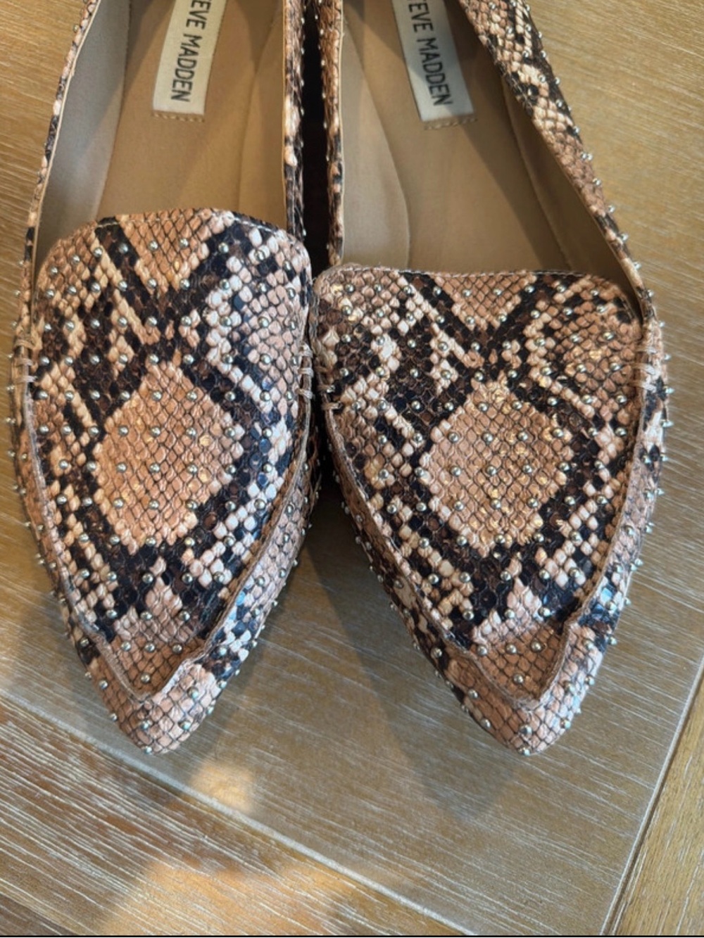 Steve Madden Women's Snake-Print Pointed Toe Flats in Tan and Black